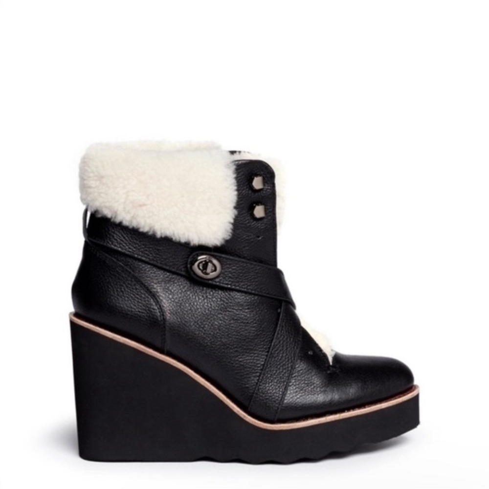 COACH Kenna Black Leather Wedge Boot Shearling 6